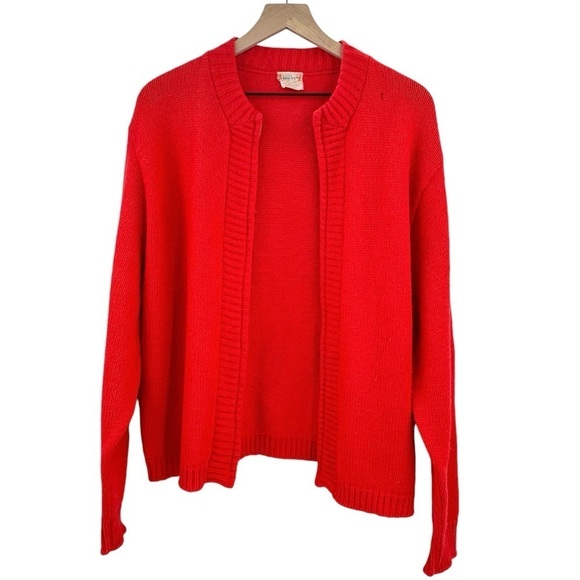 Vintage Sweaters - Vintage 50s/60s Cardigan Sweater Full Zip Wool Blend Crew Neck Tomato Red | M/L